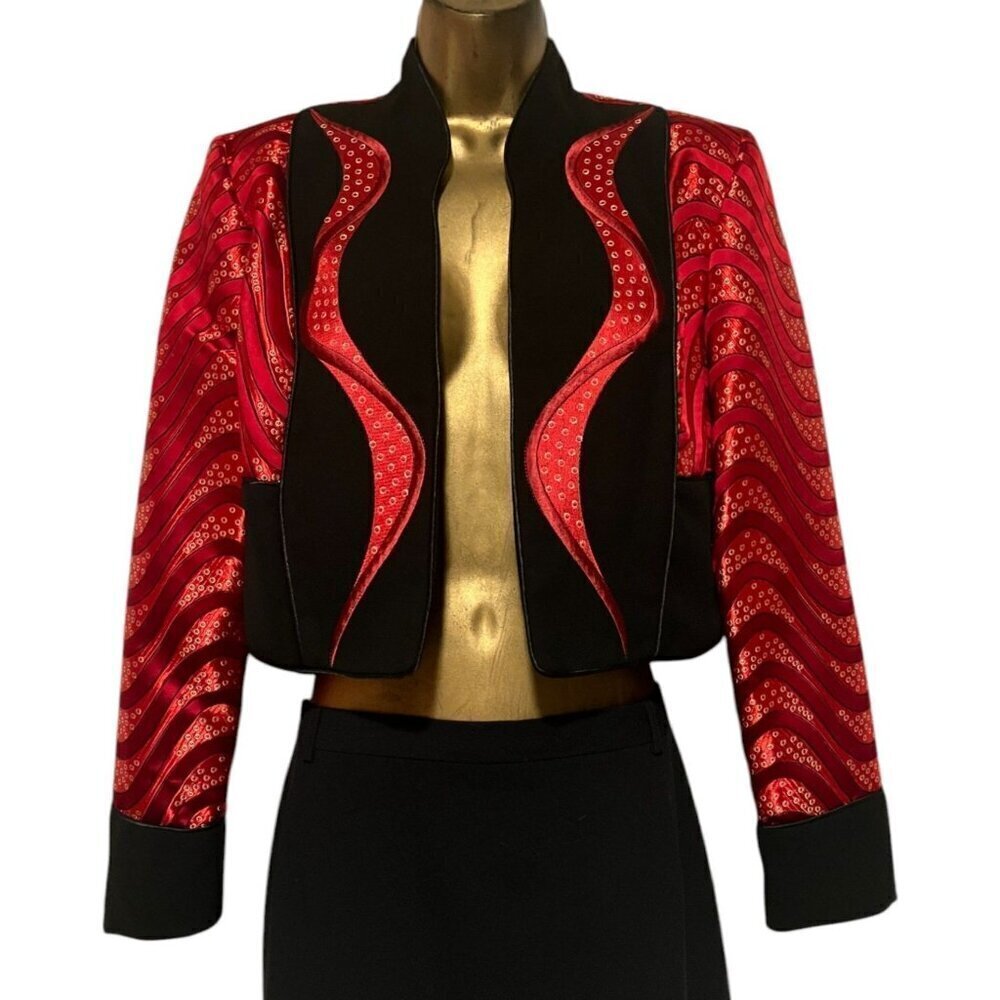 Vintage Lillie Rubin Cropped Jacket 4 Bolero Brocade Satin Octopus Ocean - Picture 2 of 10